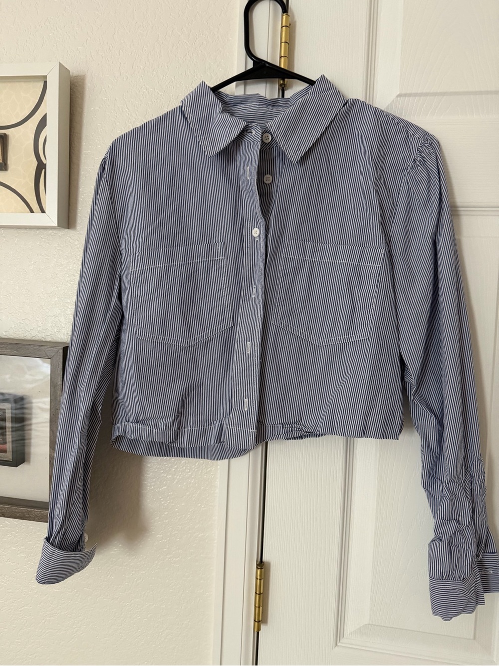 7 For All Mankind Cropped Blue Stripe Button-Up Shirt